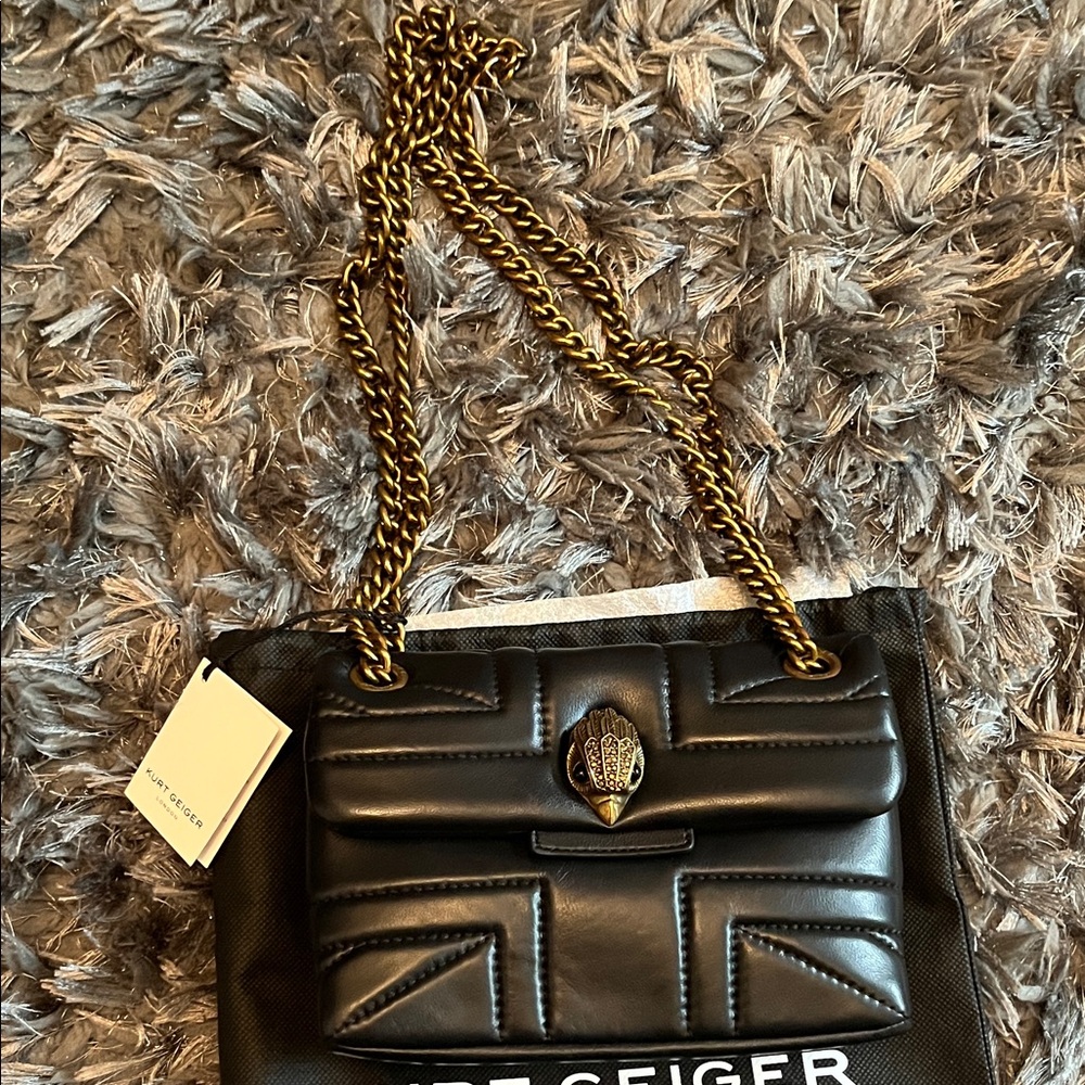 Kurt Geiger Black Leather Crossbody Bag with Gold Chain